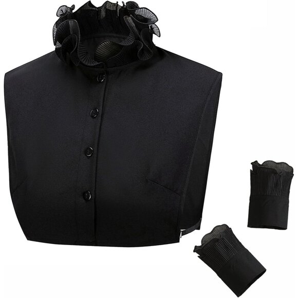 Black Faux Collar & Cuffs Set Chiffon Victorian Style Women's Accessories - Picture 1 of 4